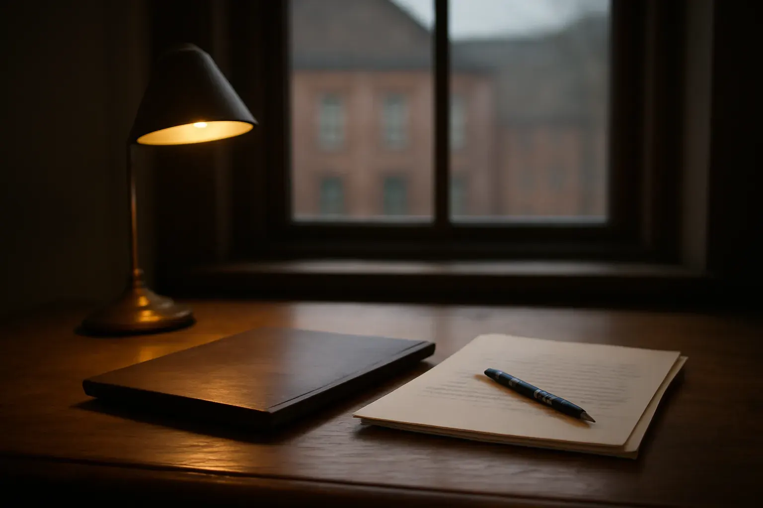 A quiet Hamburg desk with a leather document folder, fountain pen and lamp light, a window in soft focus behind.