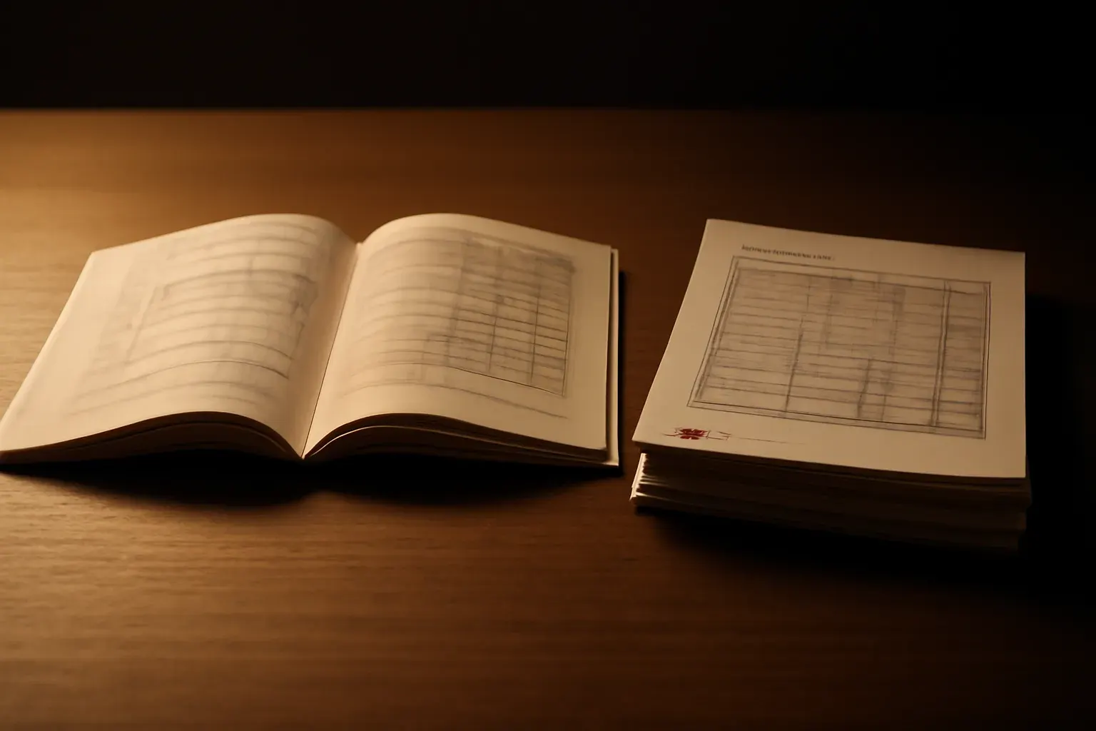An open technical manual beside a stack of report printouts on a desk, softly lit from one side.