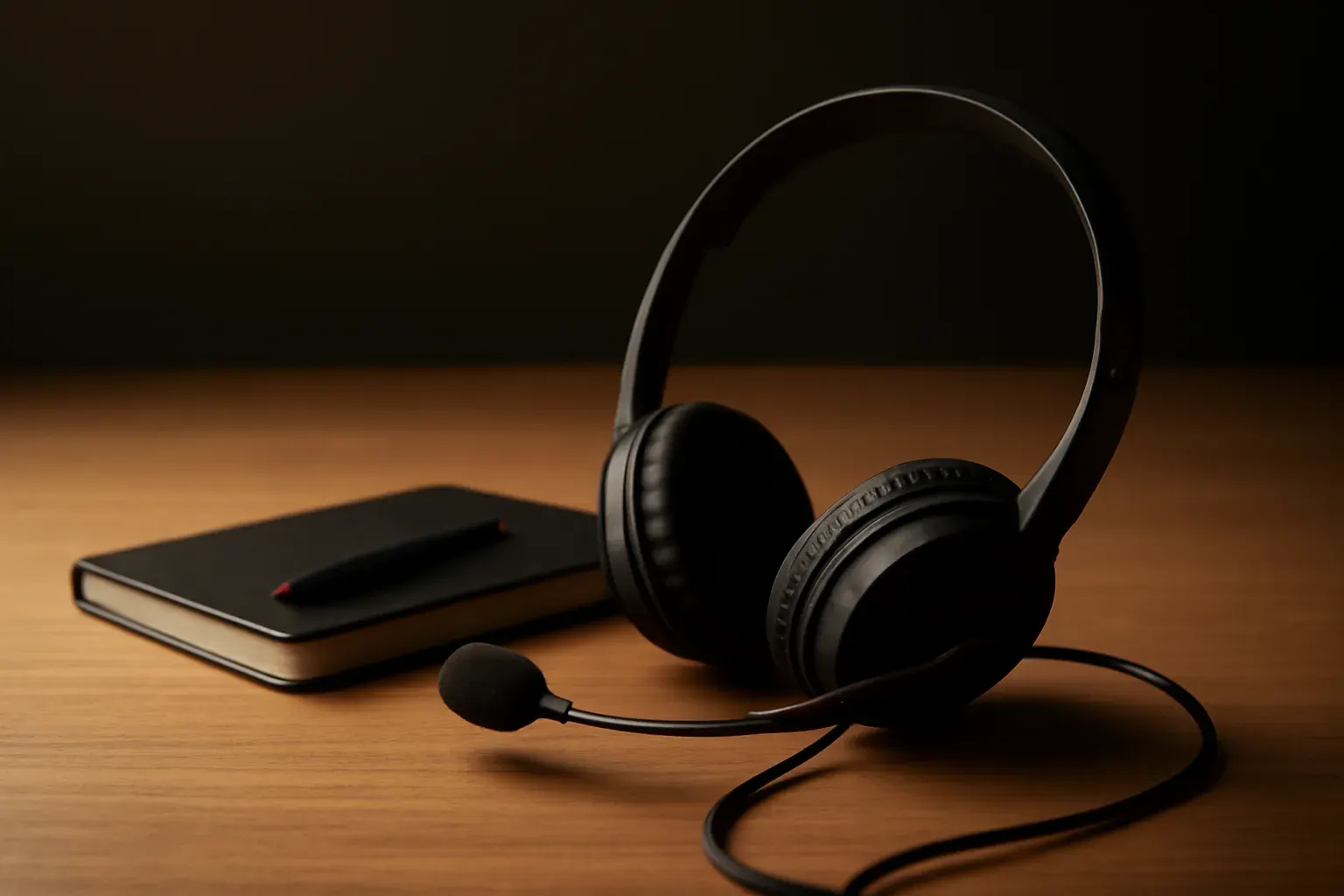 A matte black interpreting headset resting on a wooden desk beside a closed notepad, lit from one side.
