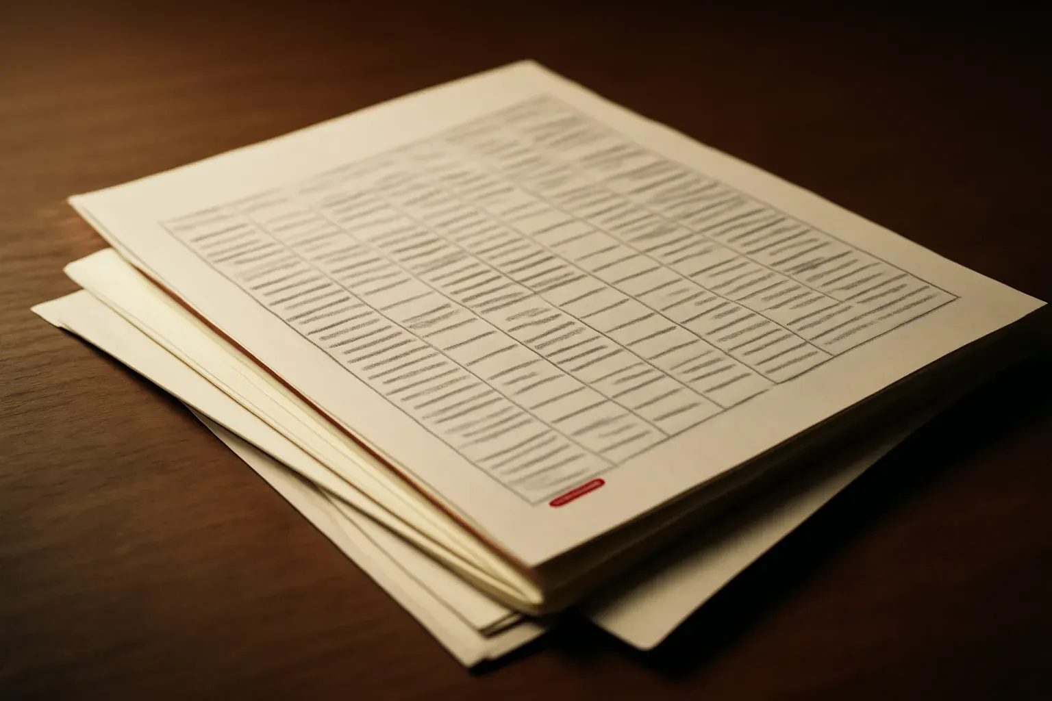 A printed string-export sheet with tidy rows of blurred text beside loose interface-copy pages, lit from one side.