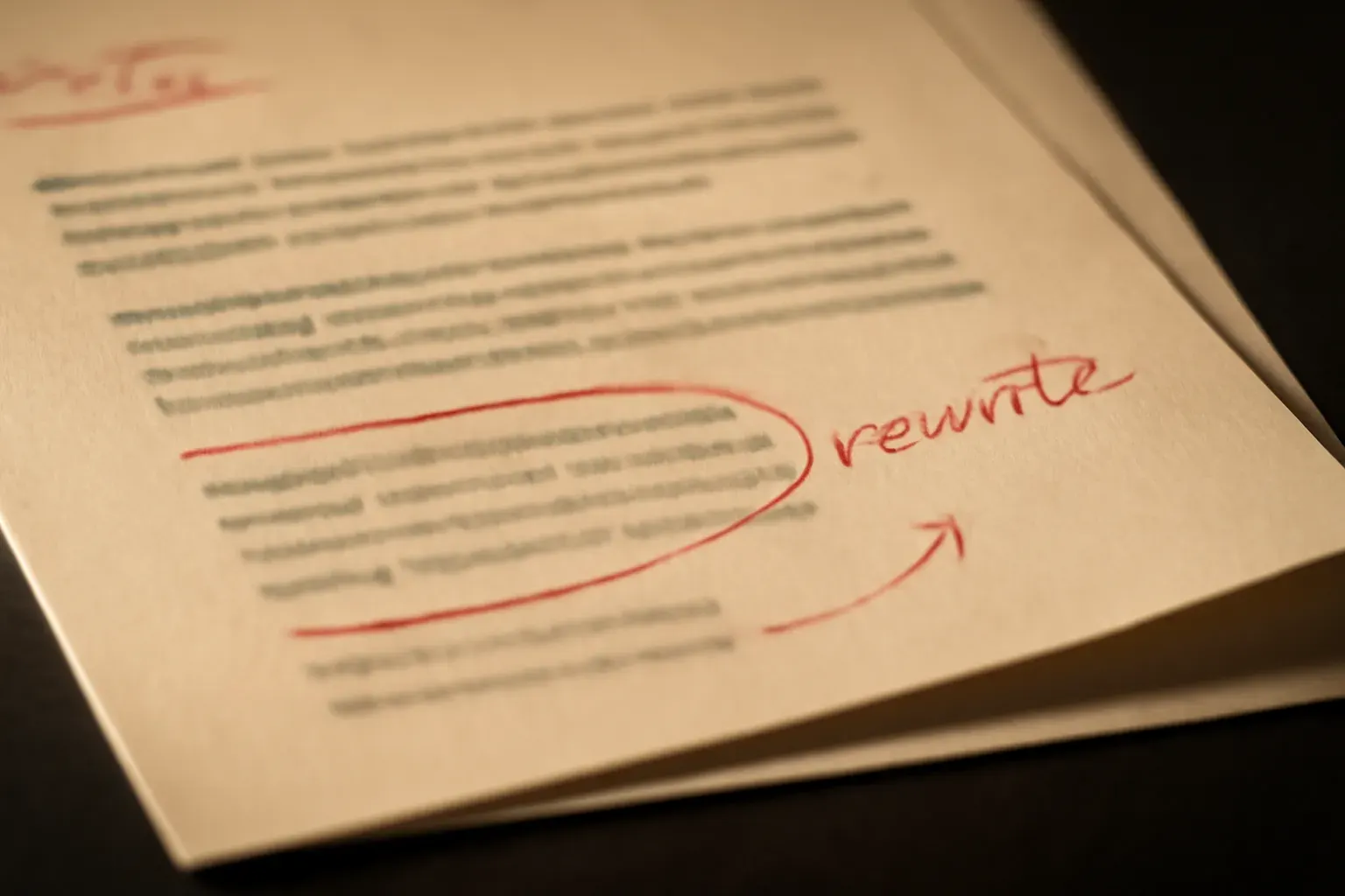 A marketing proof sheet marked up with confident red-pencil edits, lit from one side on a desk.