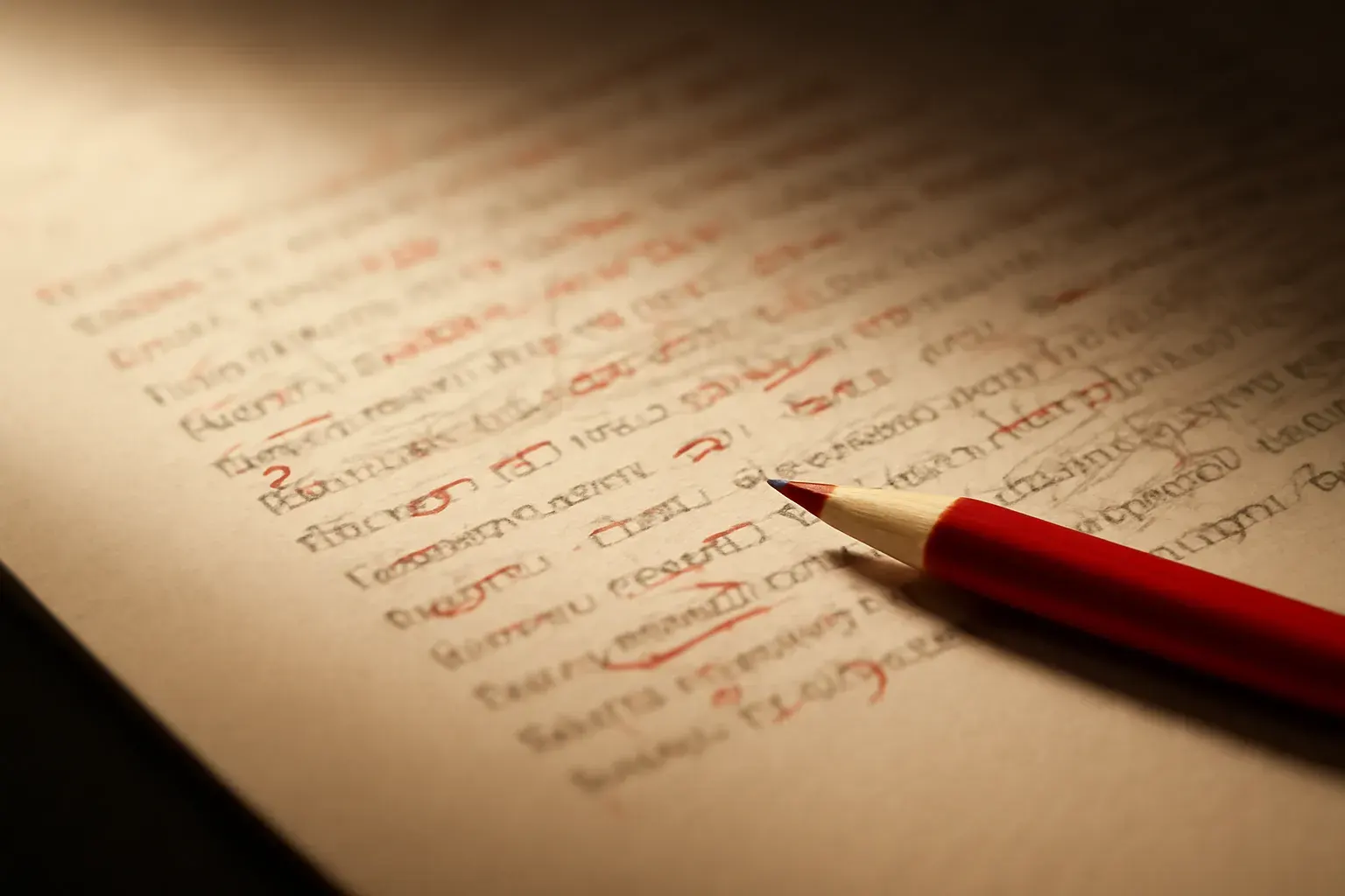 A printed page densely marked with small red-pencil proofreading corrections, a sharpened pencil resting along its edge.